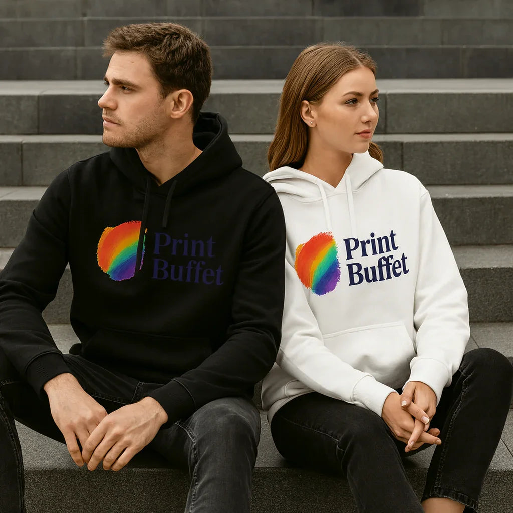 Man in black hoodie and woman in white hoodie with rainbow Print Buffet logo sitting on gray stairs