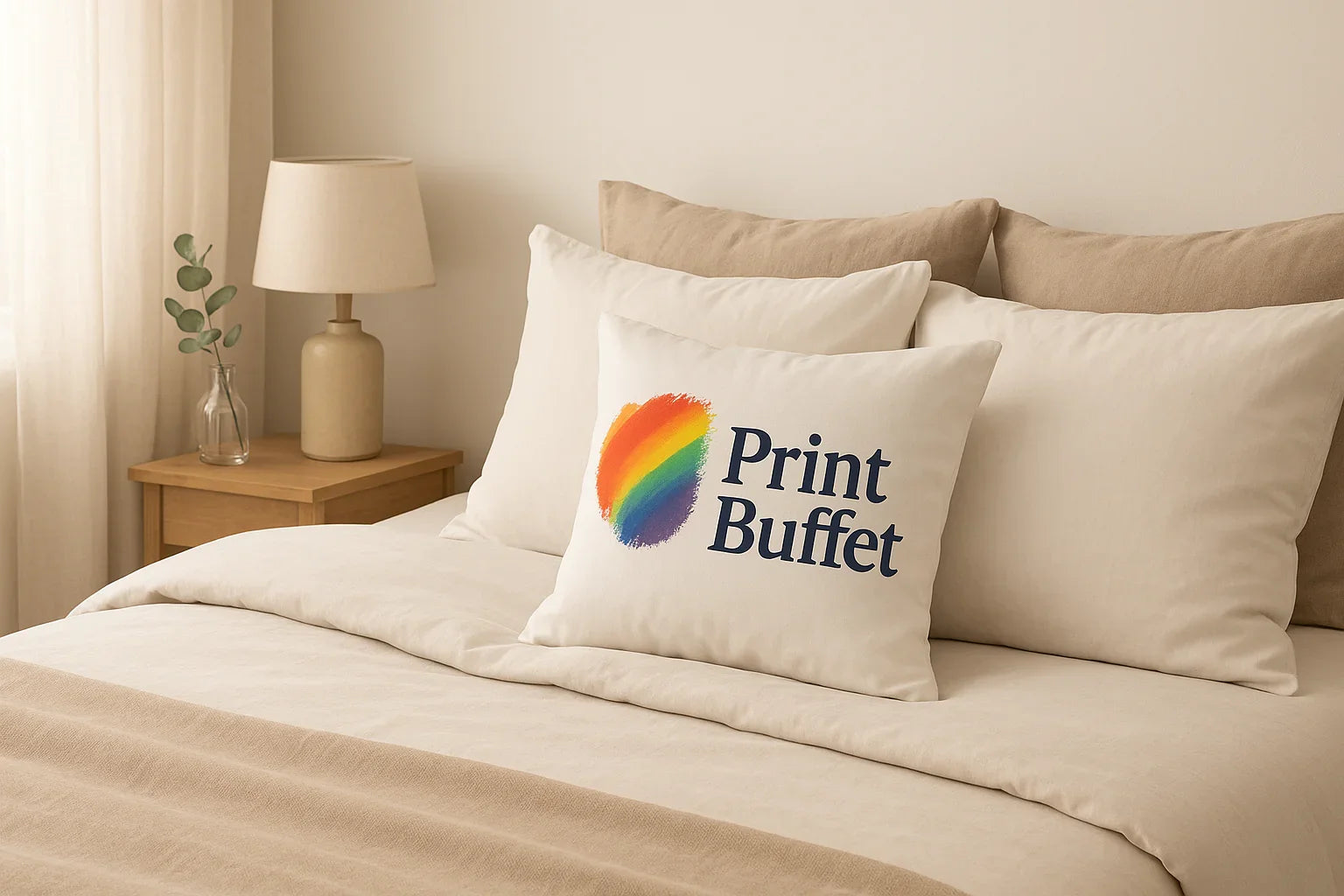 Neutral bedroom with beige bedding, three pillows, and a decorative cushion with rainbow logo and Print Buffet text