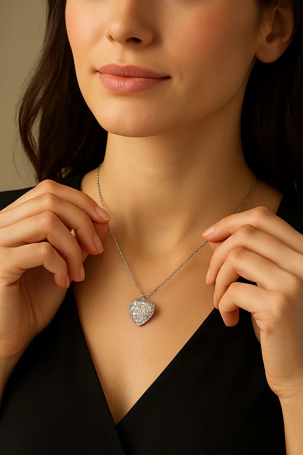 Close-up of woman wearing a sparkling heart-shaped pendant necklace on a silver chain