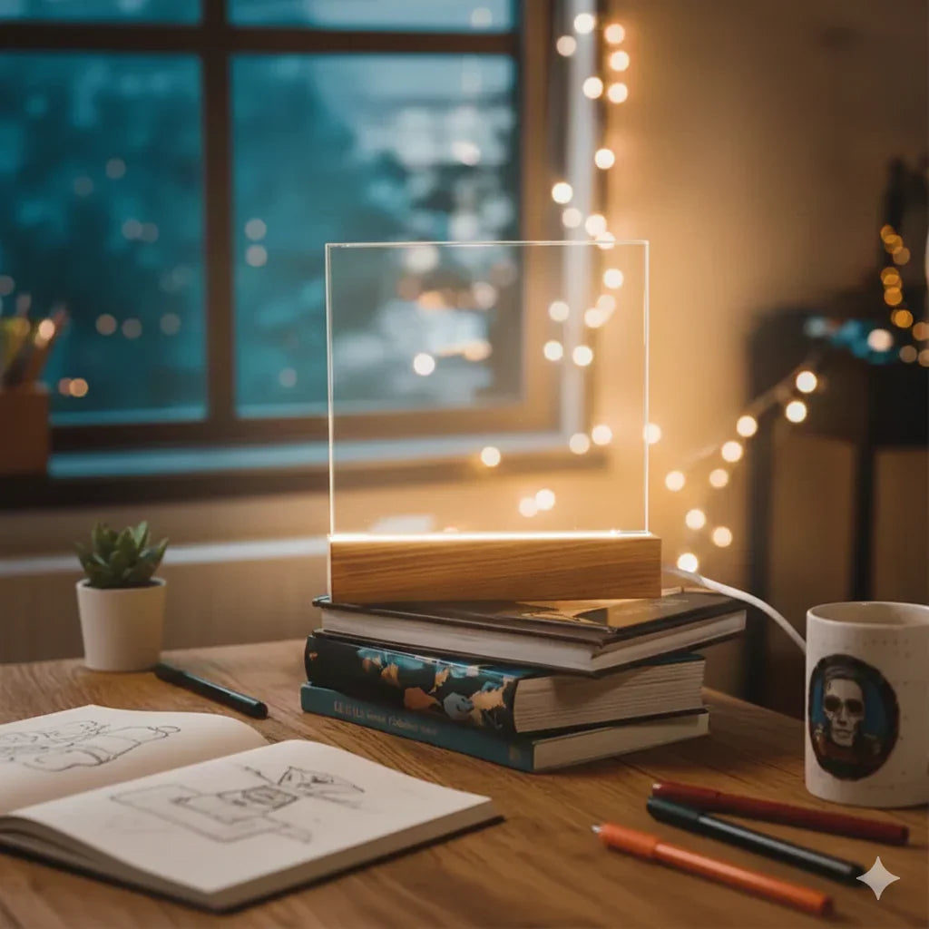 Modern acrylic LED light panel on wooden base, books, sketchbook, pens, plant, and mug on cozy desk
