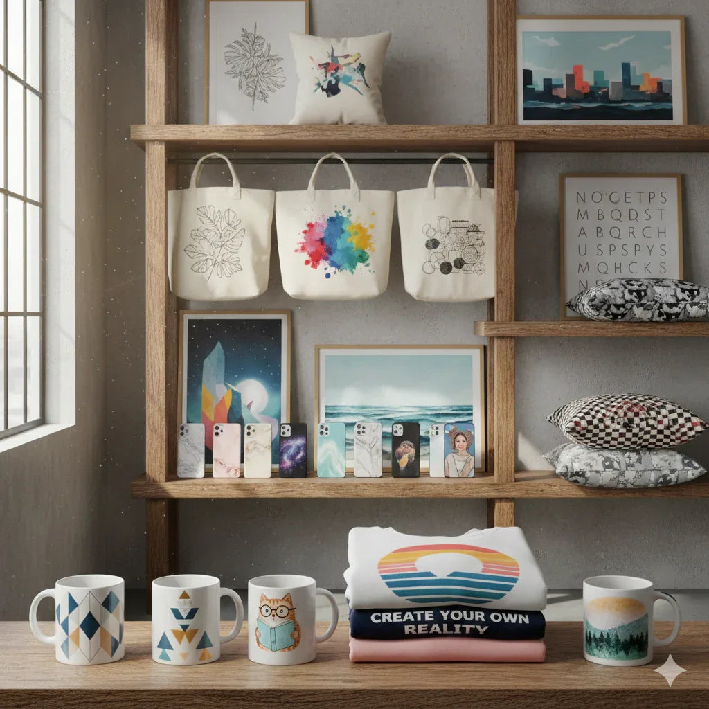 Wooden shelves with canvas tote bags, framed art, patterned pillows, decorative mugs, phone cases, and folded t-shirts