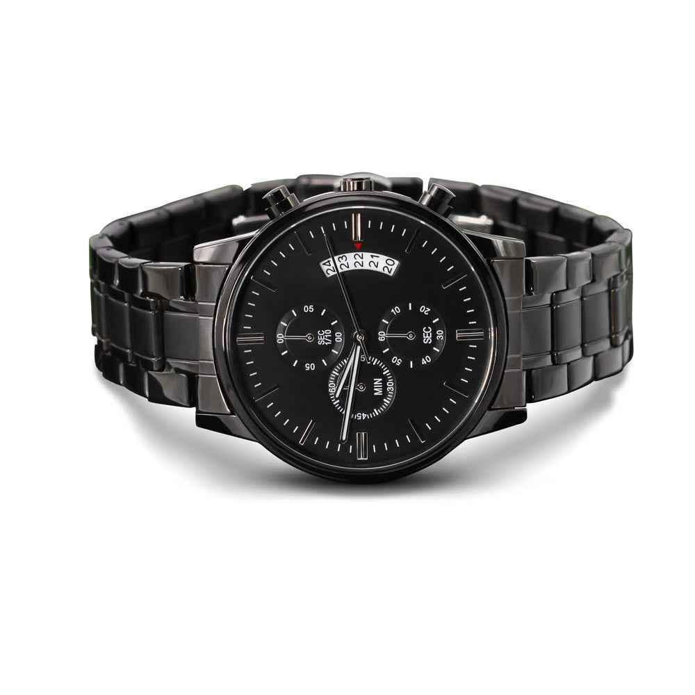 Black stainless steel men's wristwatch with chronograph and date display on white background