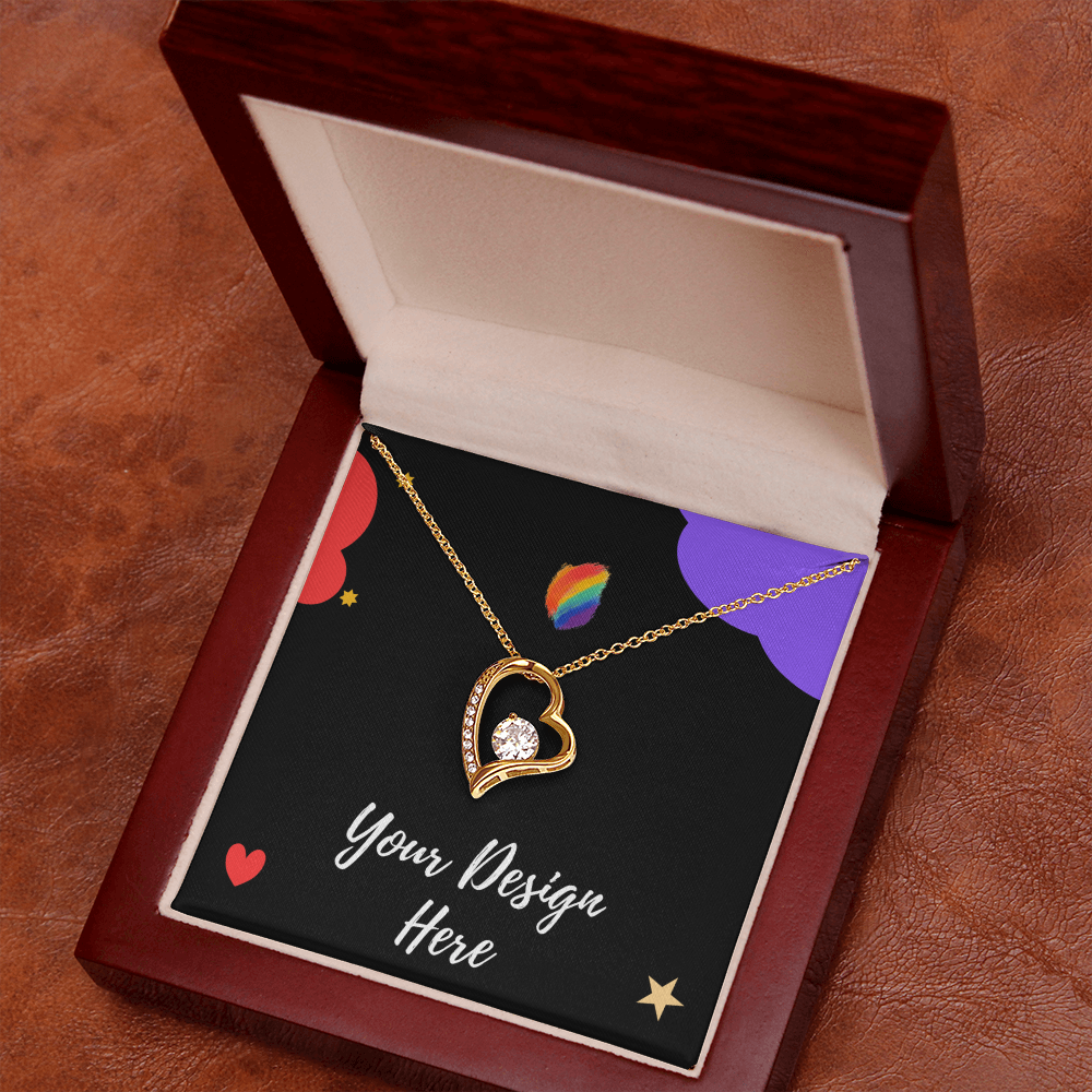 Gold heart-shaped pendant necklace with diamonds in open wooden jewelry box on leather surface