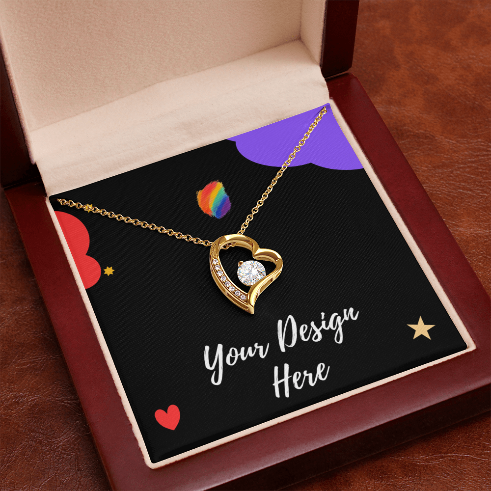 Gold heart-shaped pendant necklace with diamond in gift box on custom design card