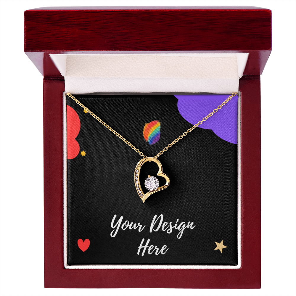 Gold heart-shaped pendant necklace with diamonds in a red velvet gift box with colorful design