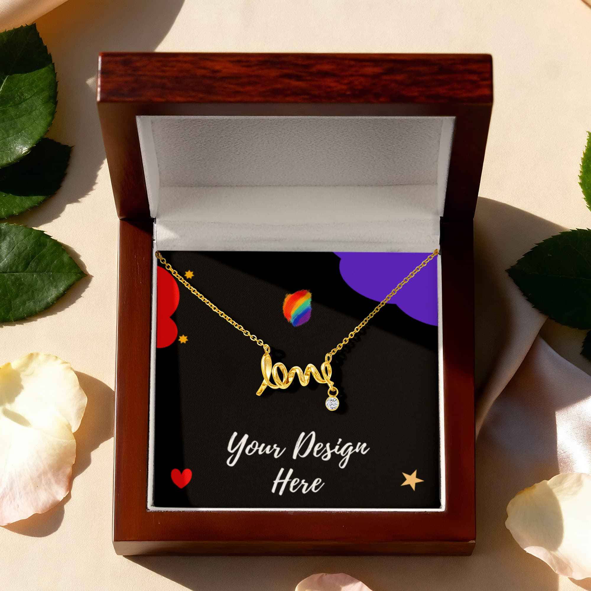 Gold love necklace with diamond pendant in wooden jewelry box with black background