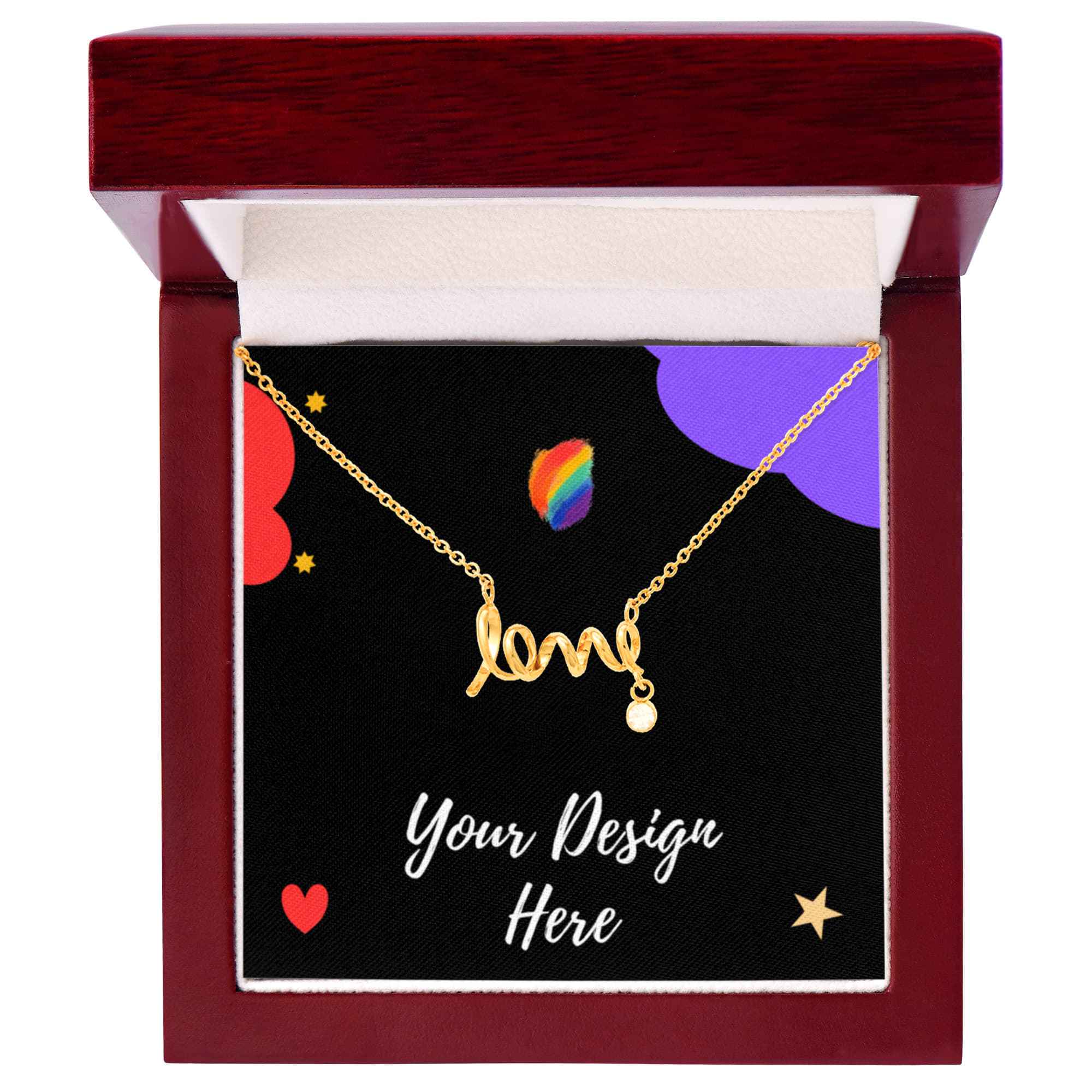 Gold necklace with 'love' pendant and crystal charm in red wood gift box with colorful heart design