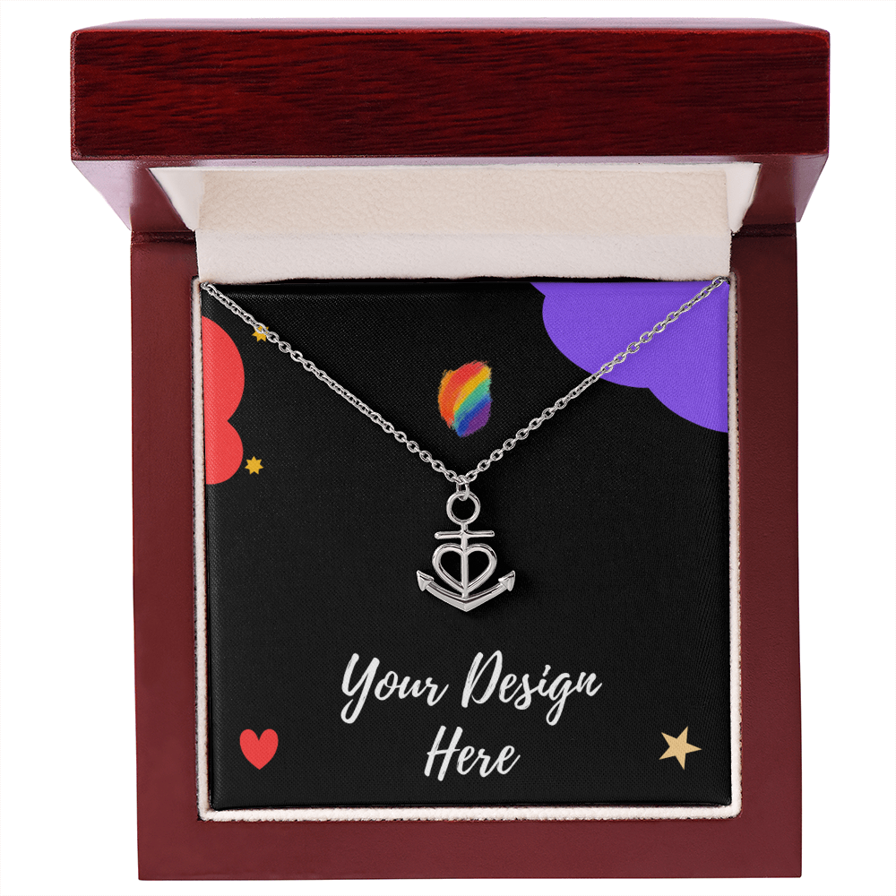 Silver anchor heart pendant necklace in wooden jewelry box with custom design card