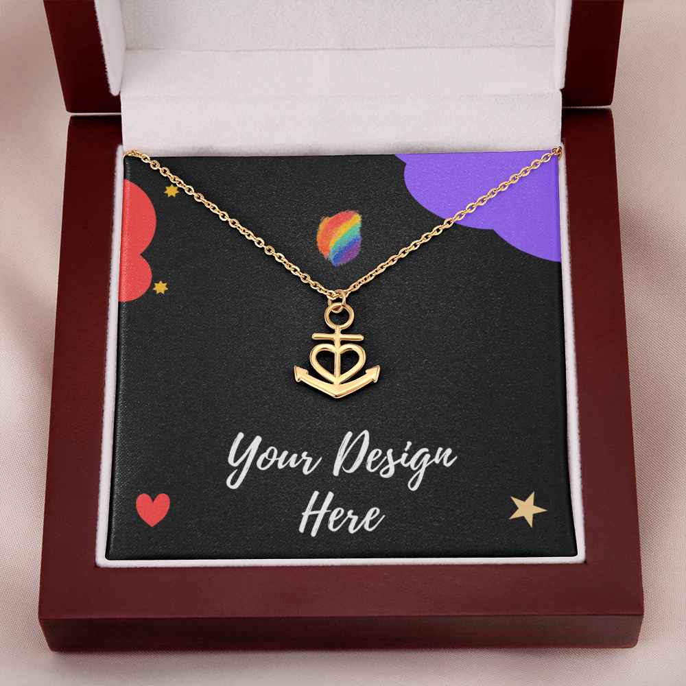 Gold anchor heart pendant necklace in red gift box with custom design card