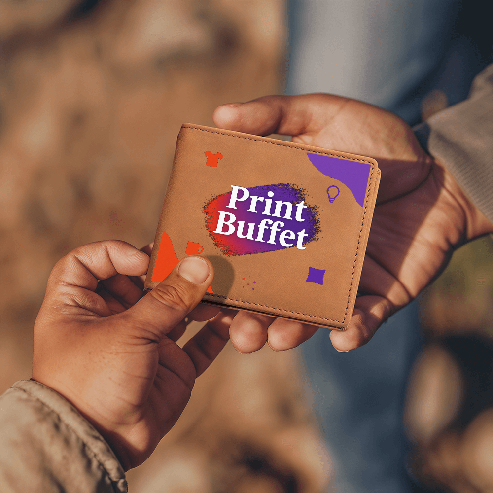 Two hands exchanging a brown wallet with colorful Print Buffet logo and icons