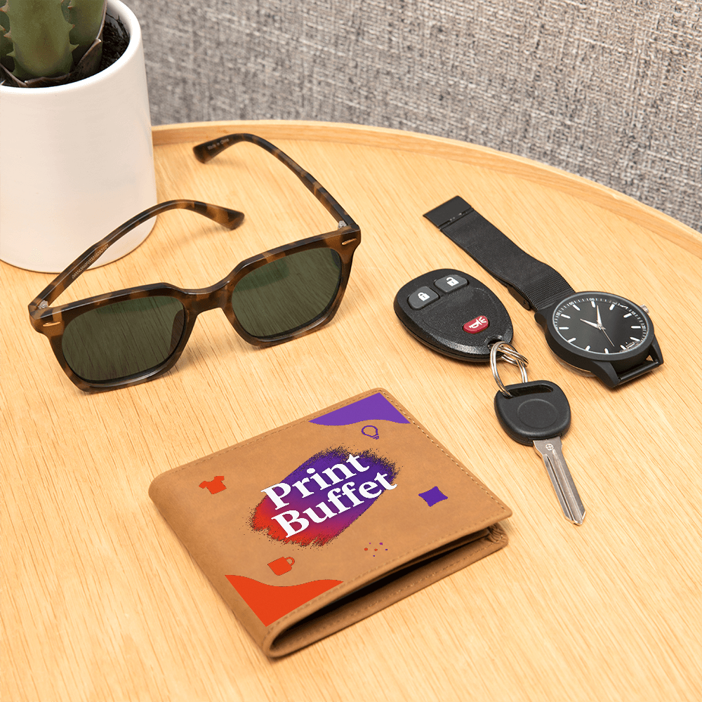 Stylish brown sunglasses, a printed brown wallet, black watch, and car keys on a wooden table with a textured gray background