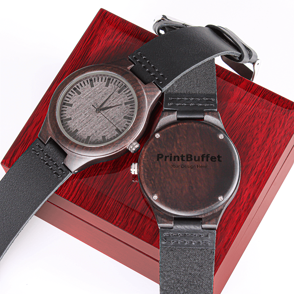 Wooden wristwatch with black leather strap on red wooden box, customizable back engraving