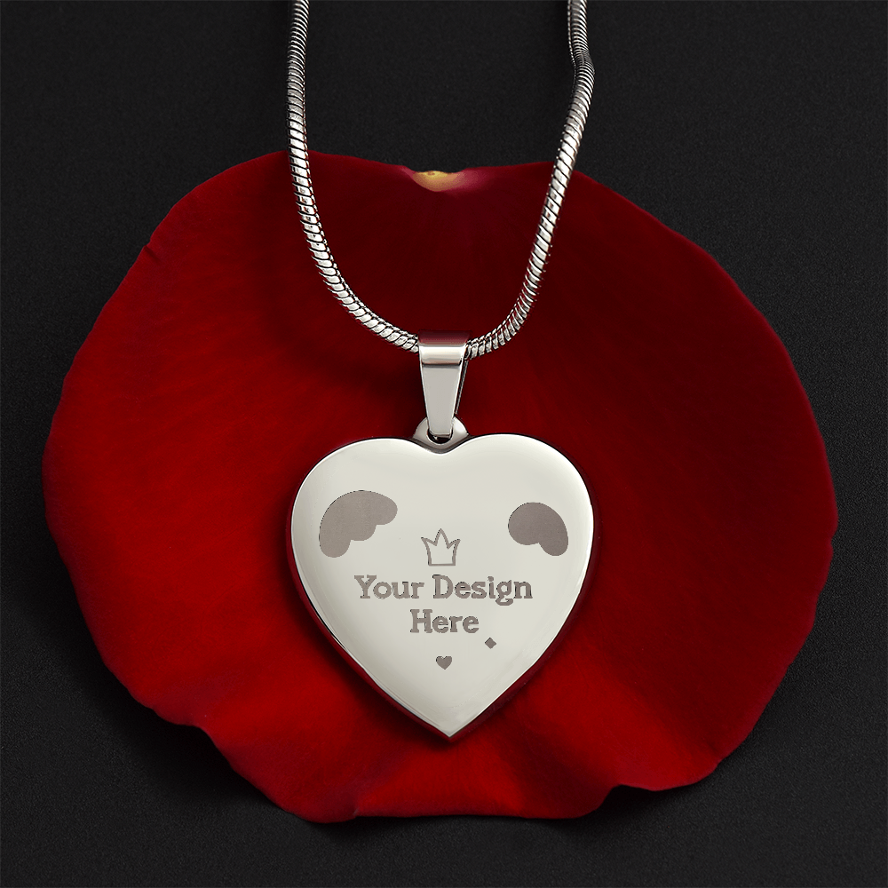 Silver heart-shaped pendant necklace with customizable engraving on red rose petal background