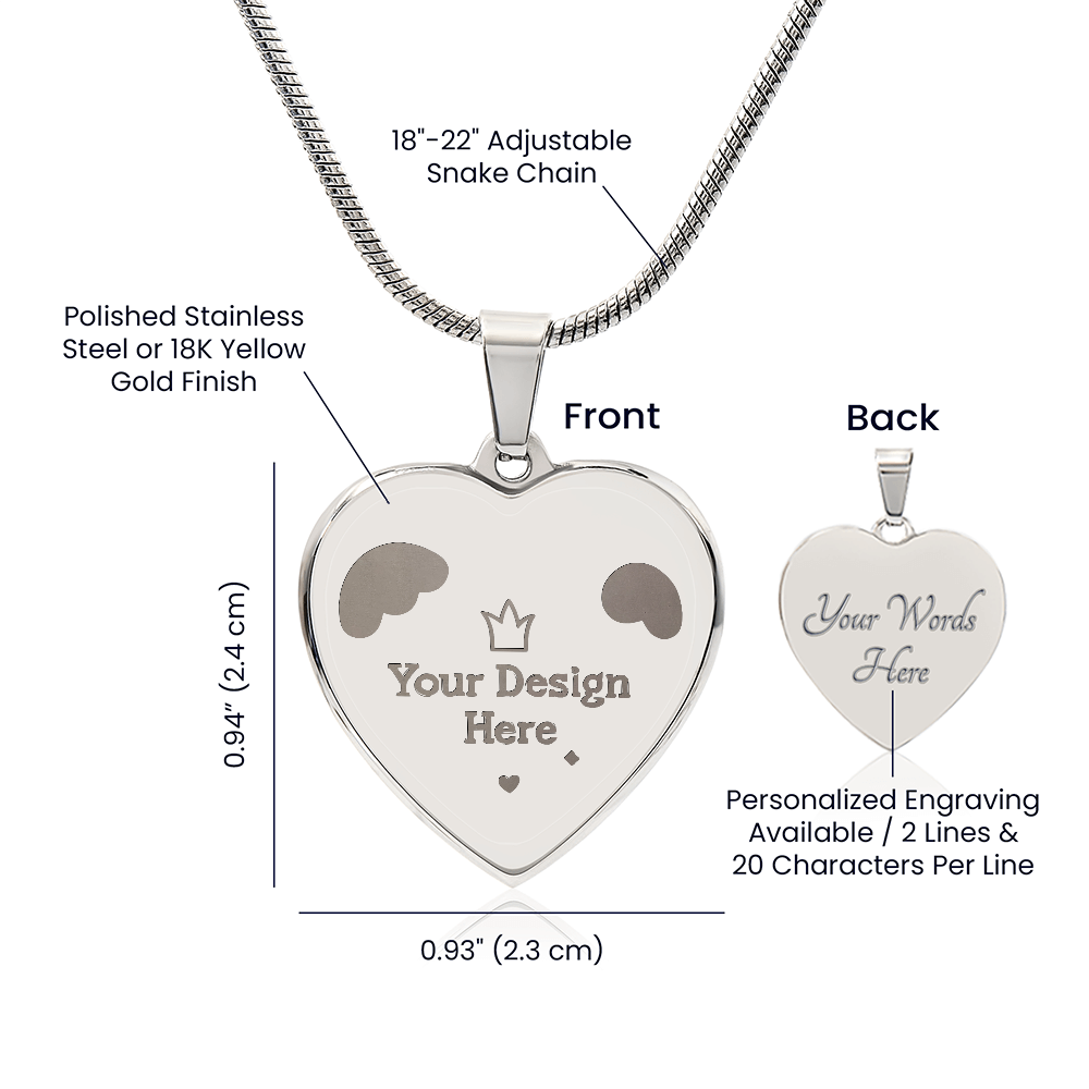 Heart-shaped pendant with polished stainless steel or 18K gold finish, adjustable snake chain, customizable engraving