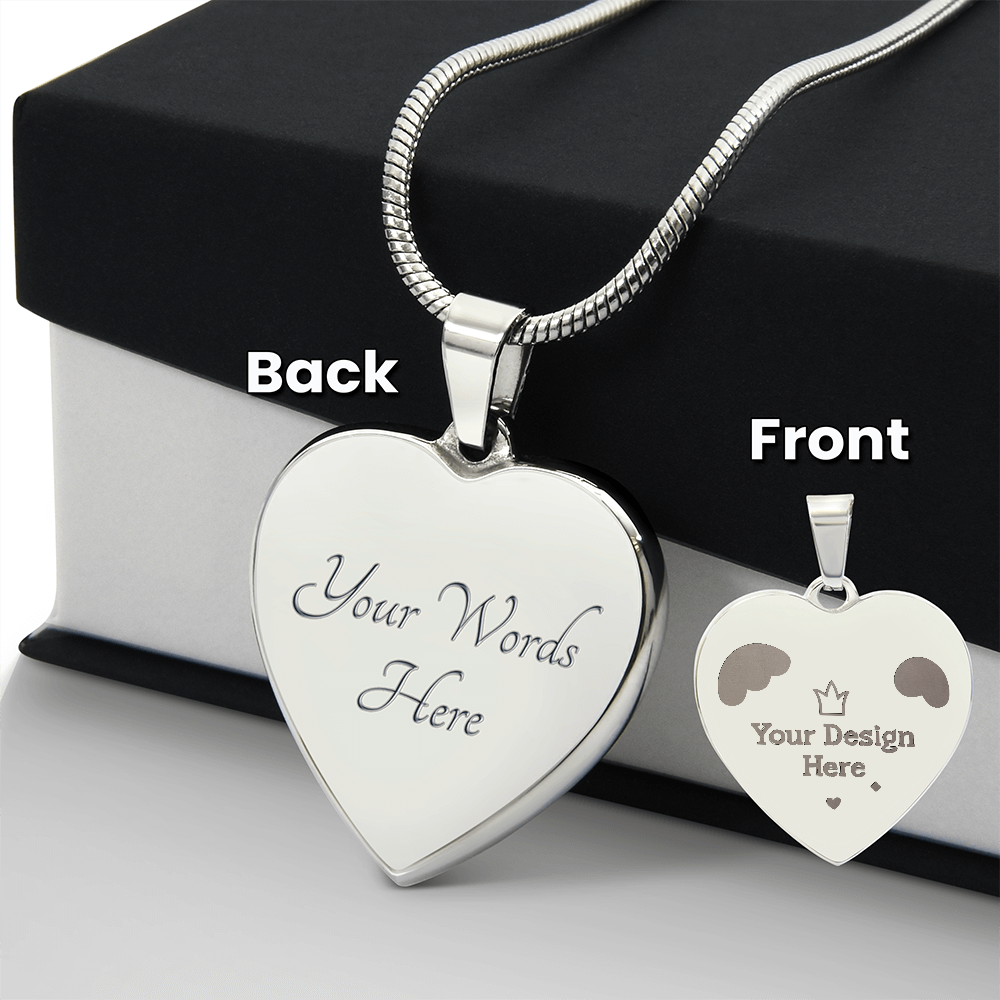 Customizable silver heart pendant necklace showing front and back for personalized engraving
