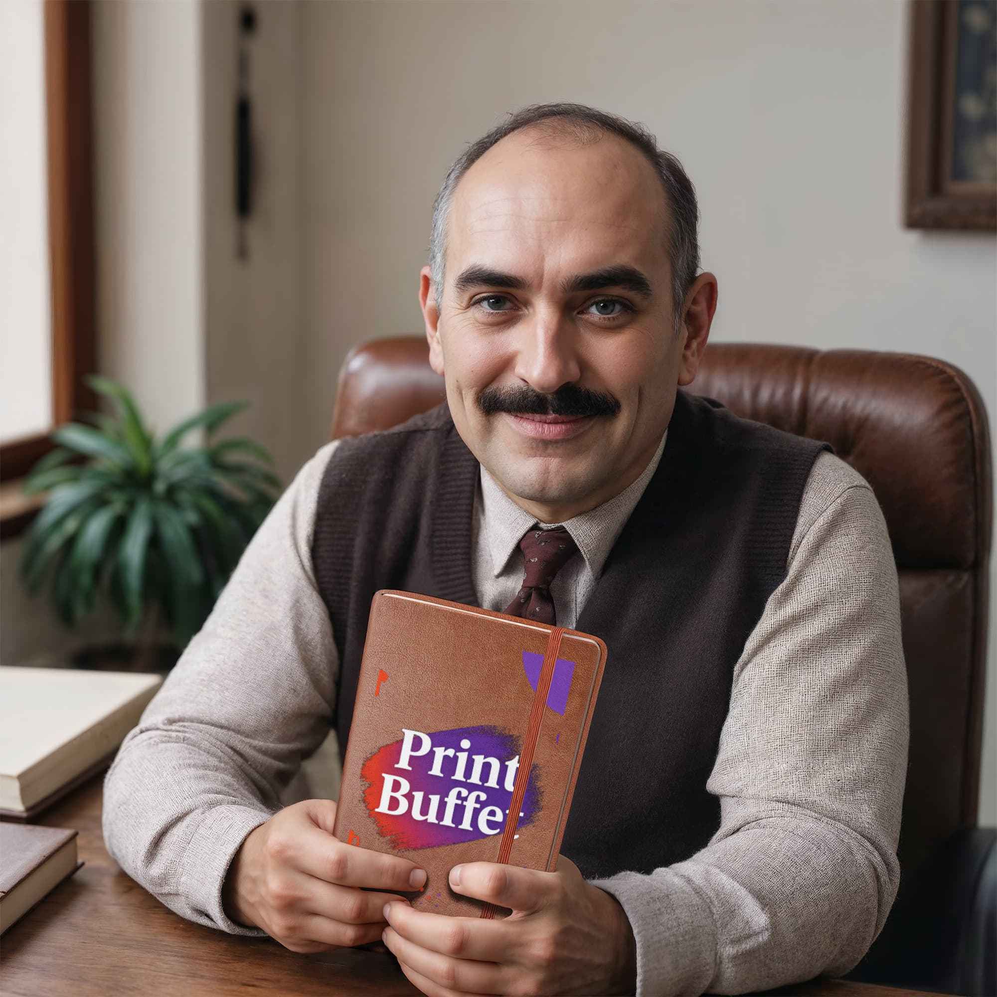 Smiling man with mustache holding a Print Buffer branded notebook at wooden desk in office