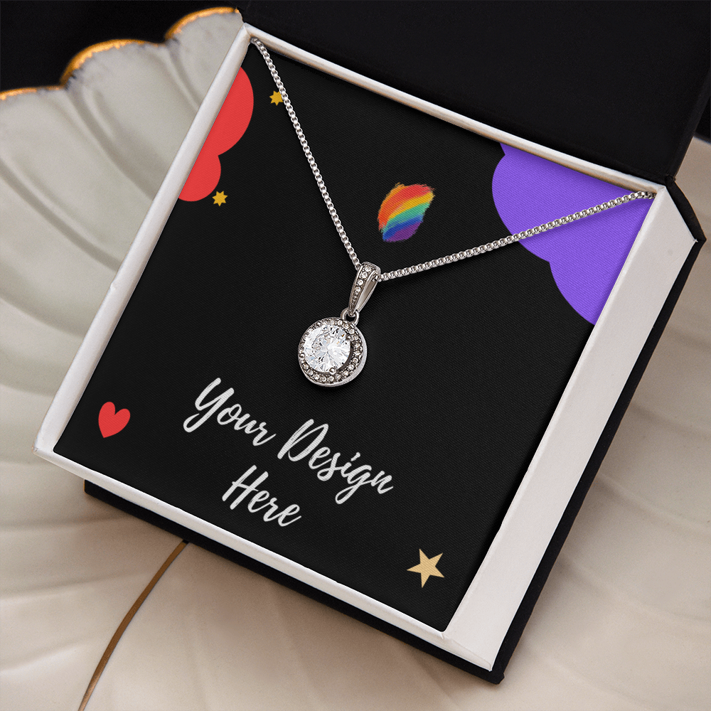 Silver pendant necklace with crystal centerpiece in black gift box with colorful design and text