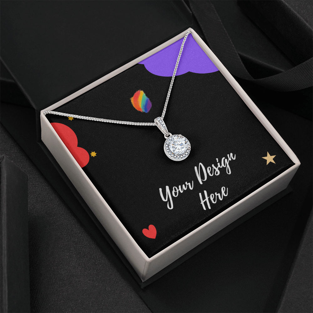 Silver necklace with round clear crystal pendant in black gift box with colorful clouds and Your Design Here text