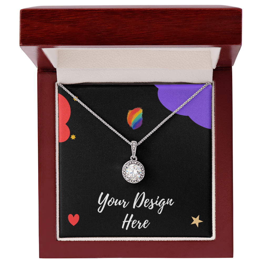 Silver pendant necklace with clear gemstone in red wood jewelry box on black card