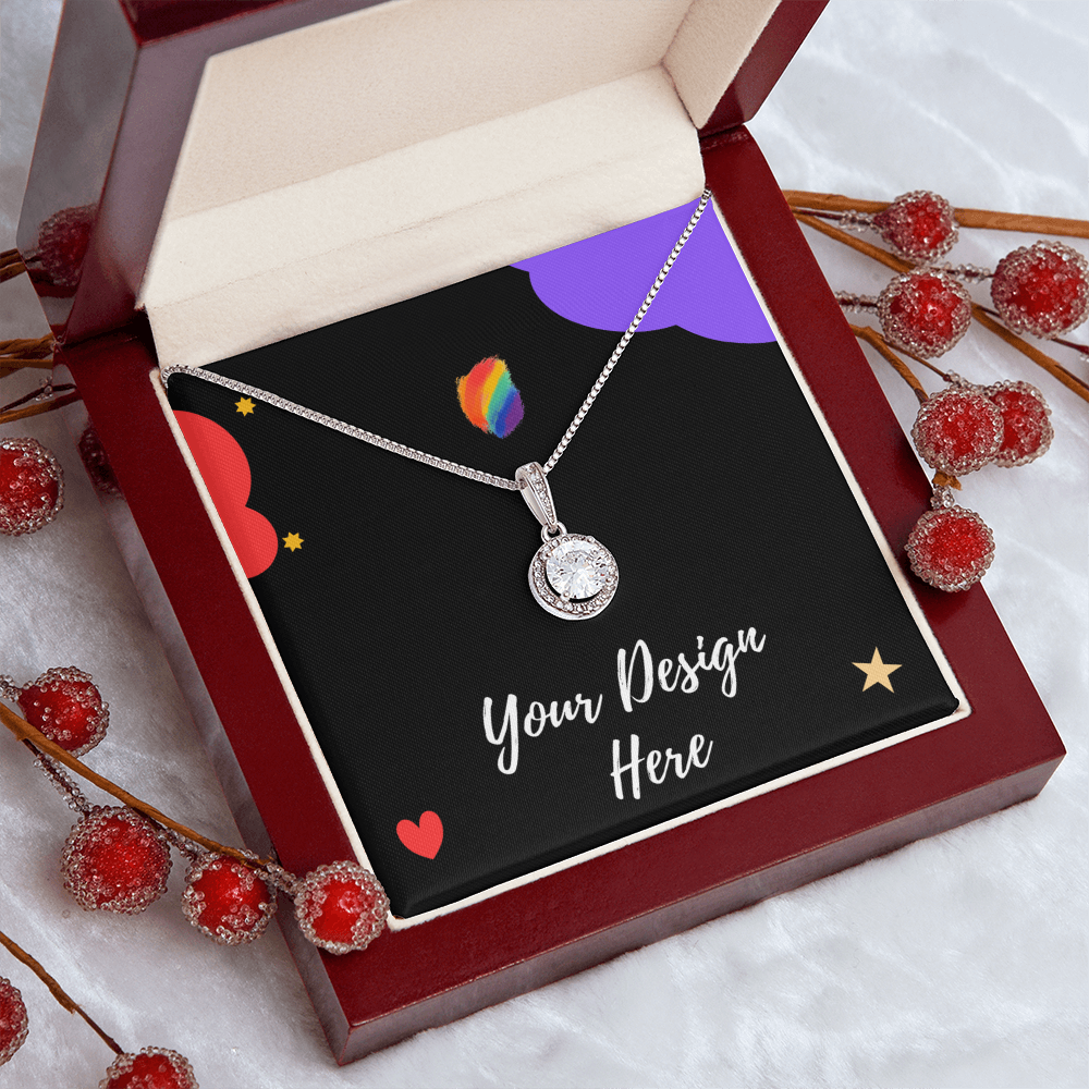 Silver pendant necklace with clear gemstone in red velvet jewelry box on white fabric with frosted red berries