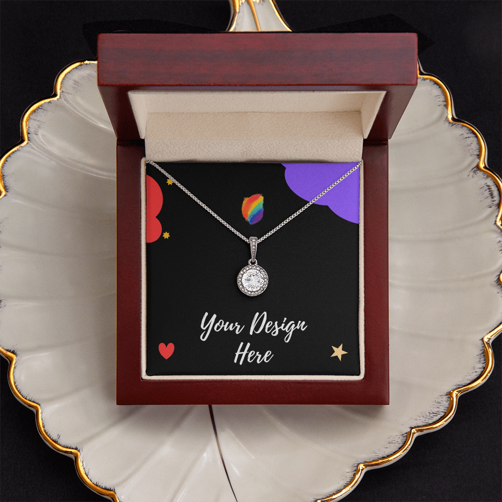 Diamond pendant necklace in wooden jewelry box on decorative white plate with gold trim