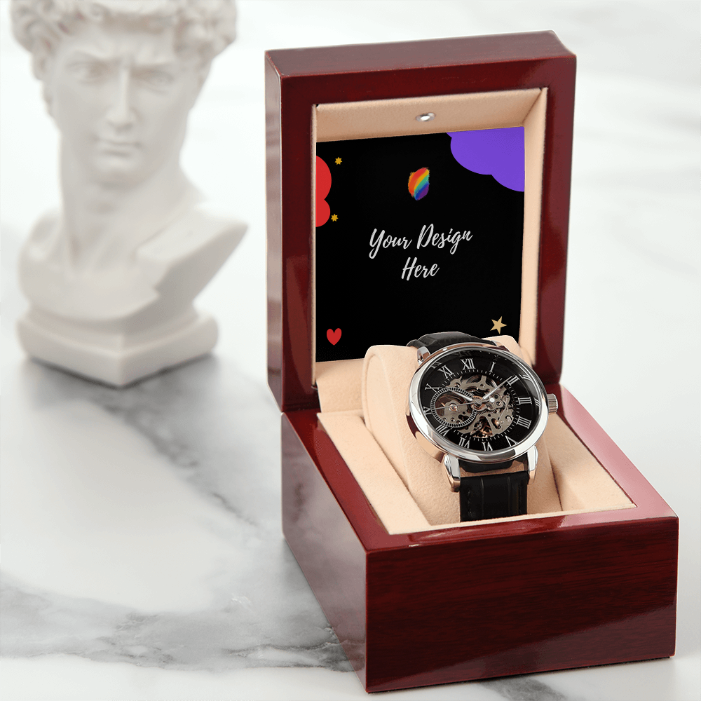 Luxury mechanical wristwatch with black leather strap in polished wood gift box on marble surface