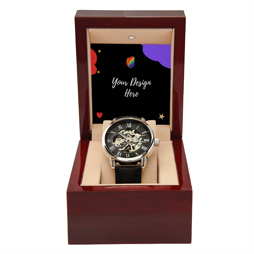Luxury mechanical wristwatch with black leather strap in polished wooden gift box with customizable design insert