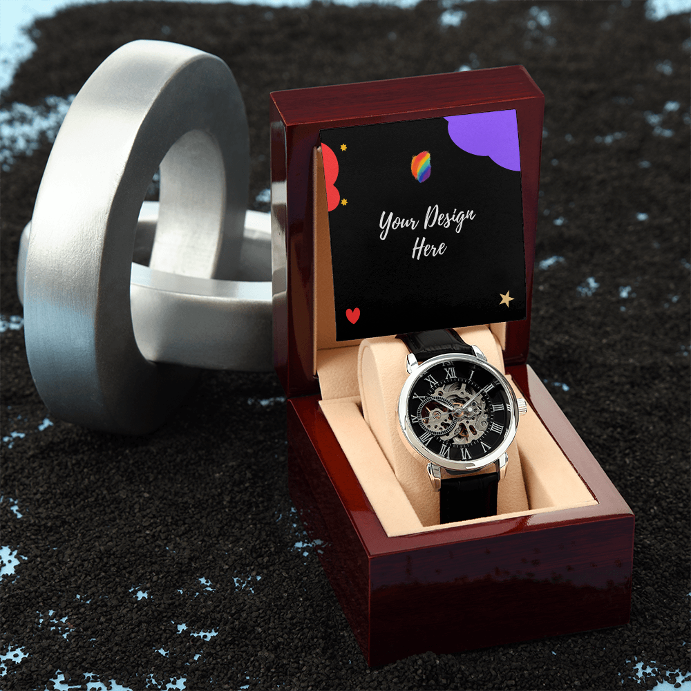 Mechanical wristwatch with black leather band in polished wooden gift box on textured black surface