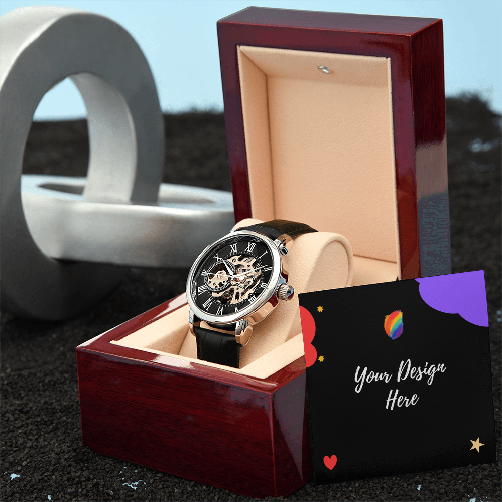 Silver skeleton watch with black leather strap in wooden box with customizable black card