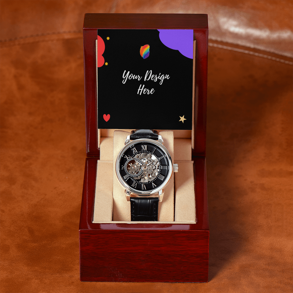 Skeleton mechanical wristwatch with black leather strap inside open wooden watch box on brown leather surface