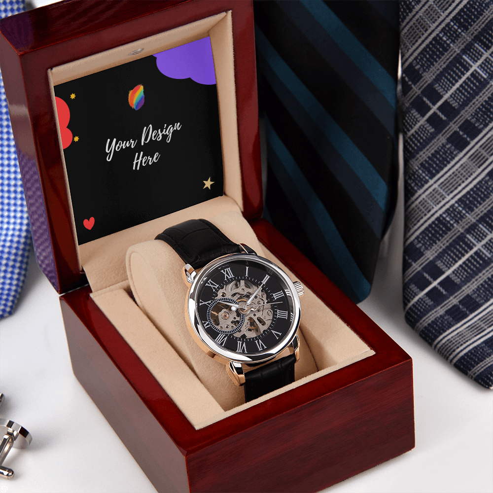 Elegant men's mechanical wristwatch with black leather strap in wooden gift box, displayed with ties and cufflinks