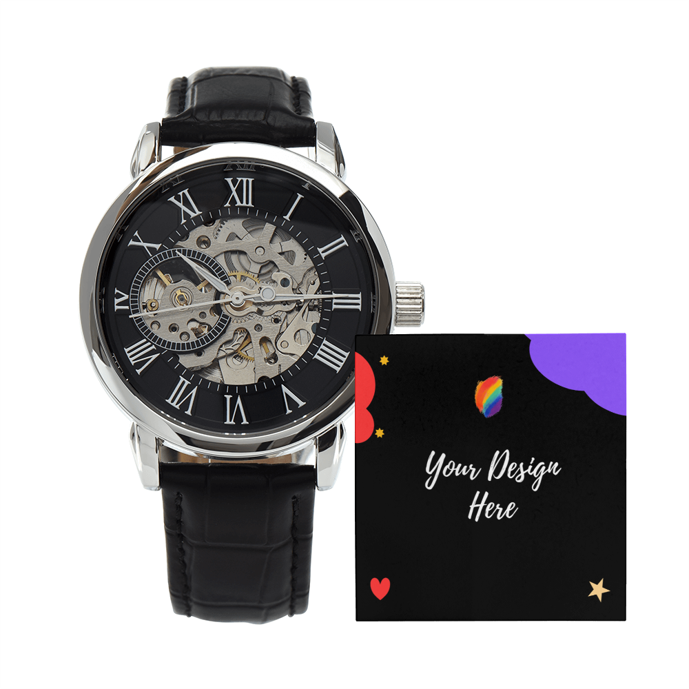 Black leather strap mechanical wristwatch with visible gears and roman numerals next to customizable design card