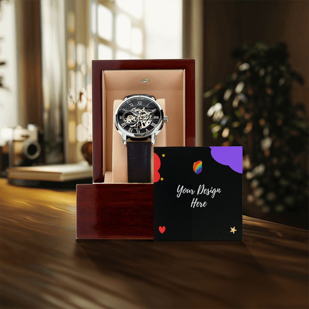 Luxury mechanical wristwatch with black leather strap in wooden display box on wooden table