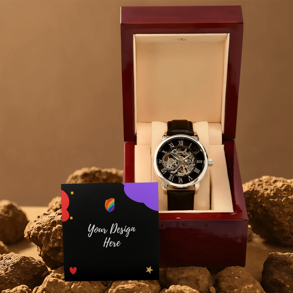 Elegant mechanical wristwatch with black leather strap in wooden box surrounded by stones