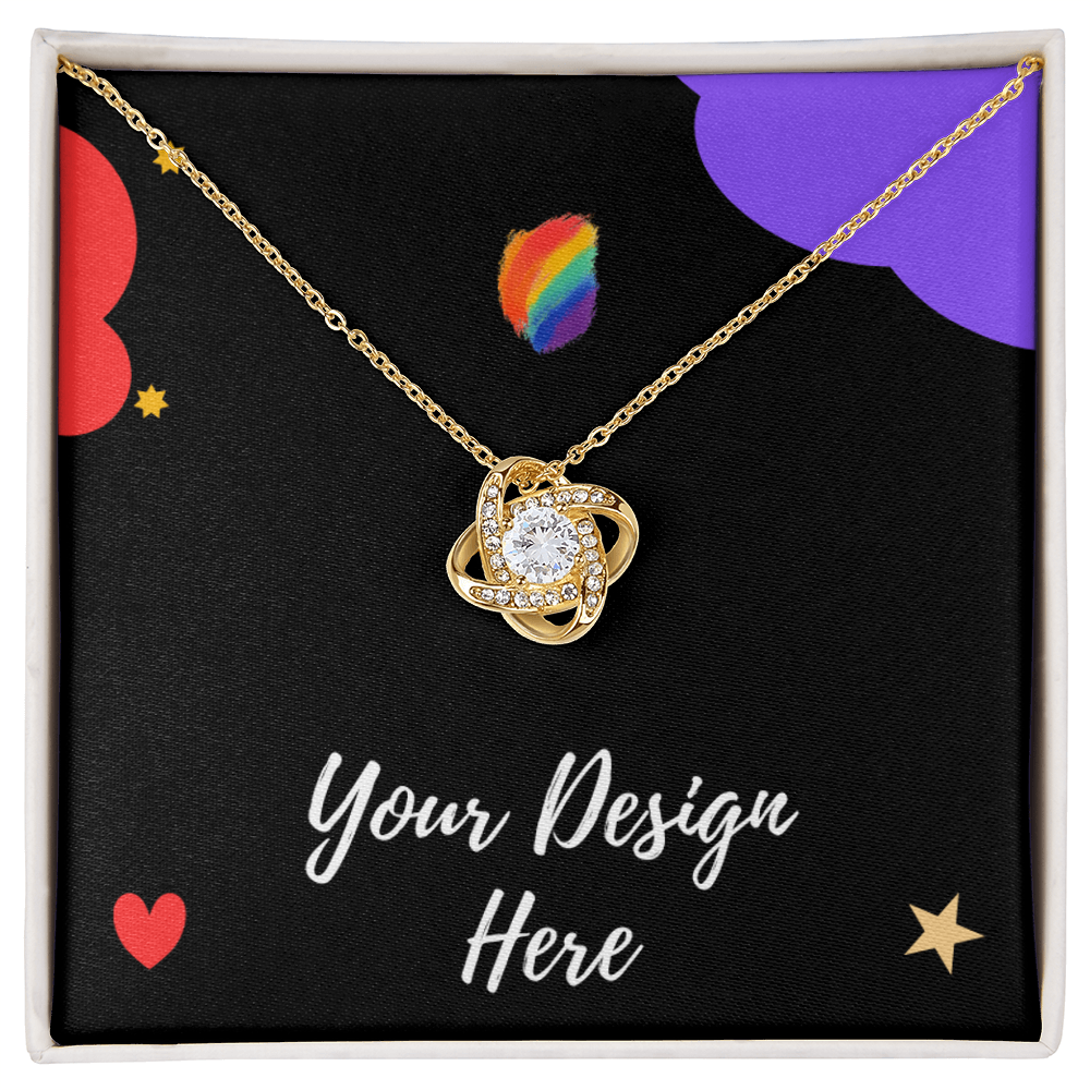 Gold necklace with sparkling diamond pendant on black background with rainbow and heart graphics