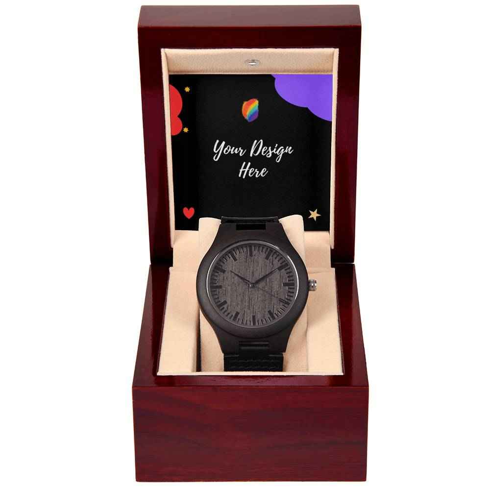 Black wristwatch with wood-style face in a padded beige and dark wooden gift box with customizable design insert