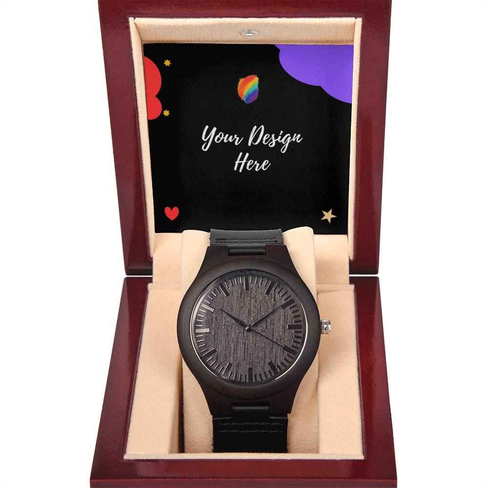 Black wristwatch with textured dial in wooden display box featuring customizable design area