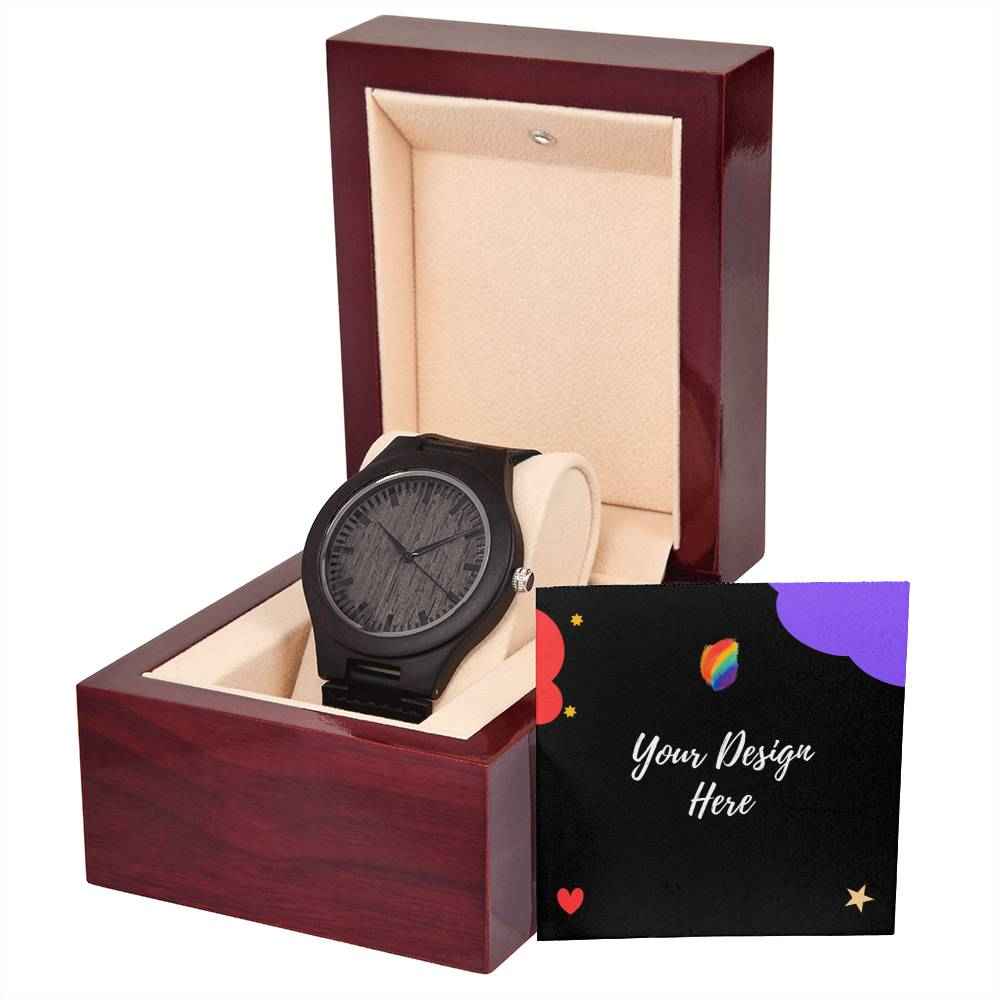 Black wooden wristwatch in a burgundy leather box with beige interior and customizable card