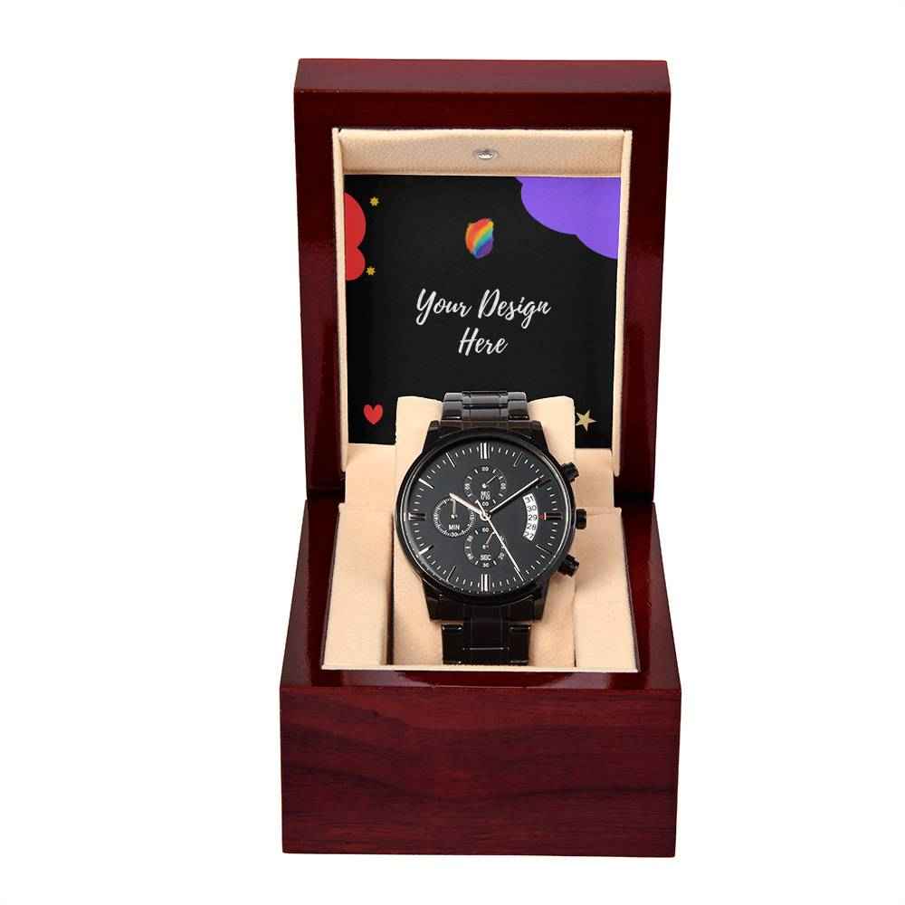 Black wristwatch with chronograph dial in a polished wooden display box with customizable design background
