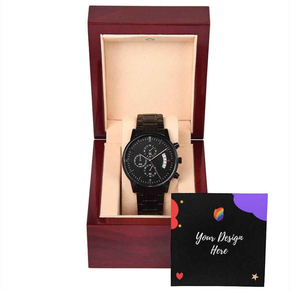 Black wristwatch with chronograph in a brown wooden presentation box with beige interior and customizable card
