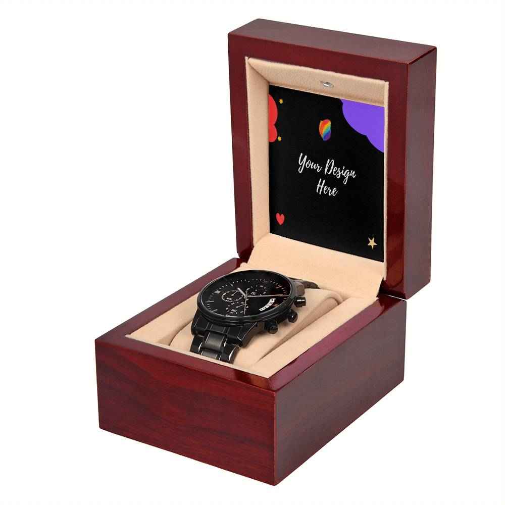 Black chronograph watch in open polished wooden display box with beige cushion and customizable design insert