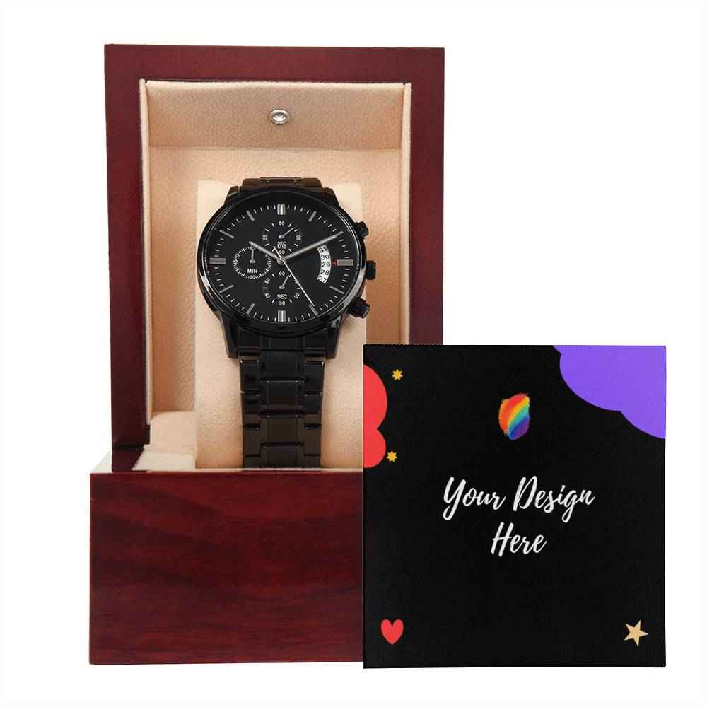 Black men's wristwatch with chronograph in wooden gift box and customizable design card