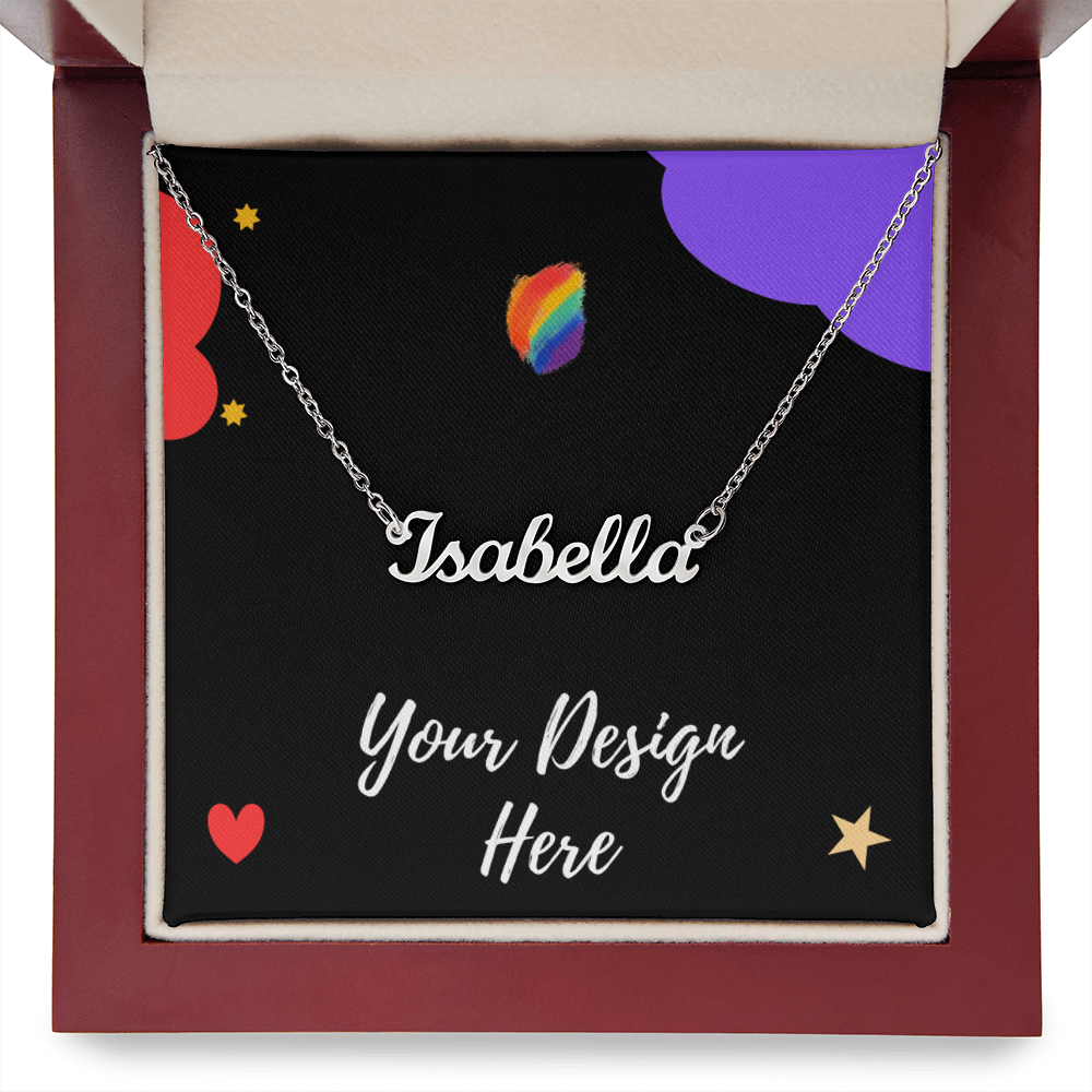 Silver name necklace with 'Isabella' on black cushion with rainbow, hearts, and stars in red jewelry box