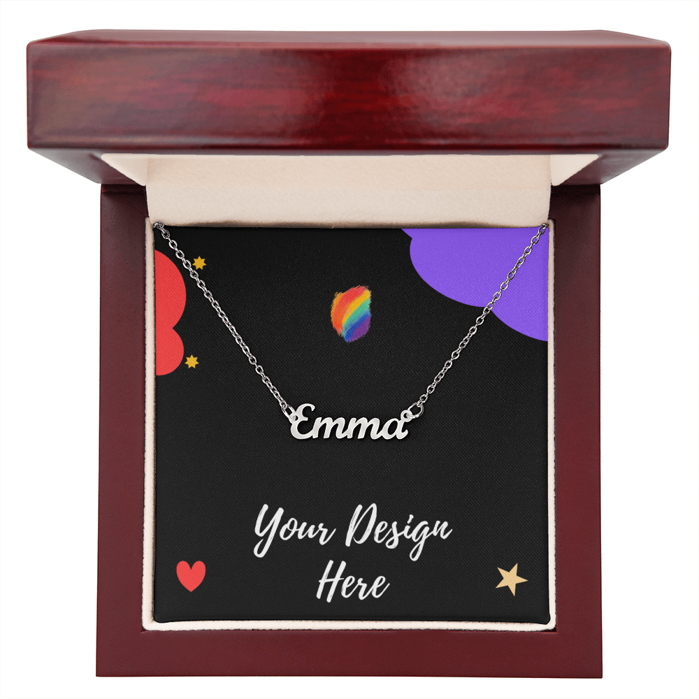 Silver name necklace with 'Emma' in a wooden jewelry box with decorative rainbow and stars background