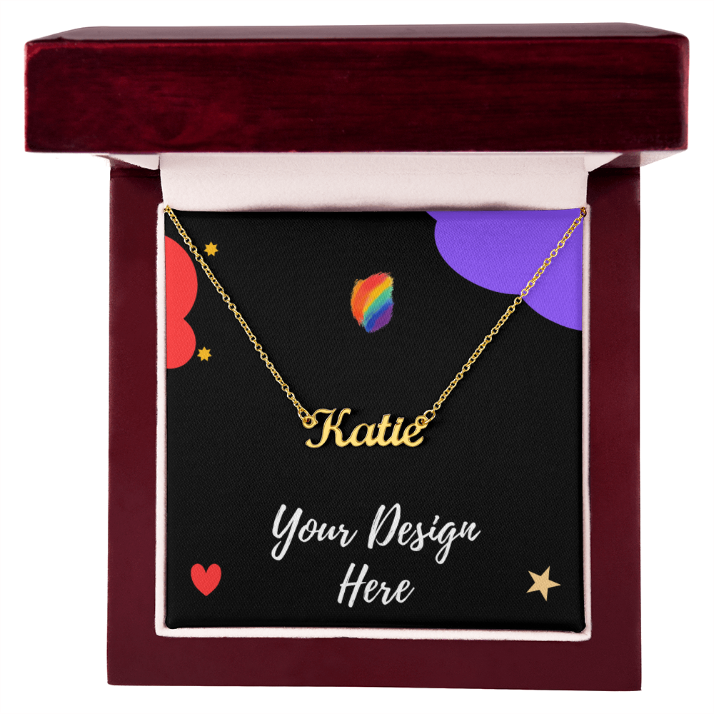 Gold name necklace with 'Katie' in cursive, displayed in red velvet gift box with black insert