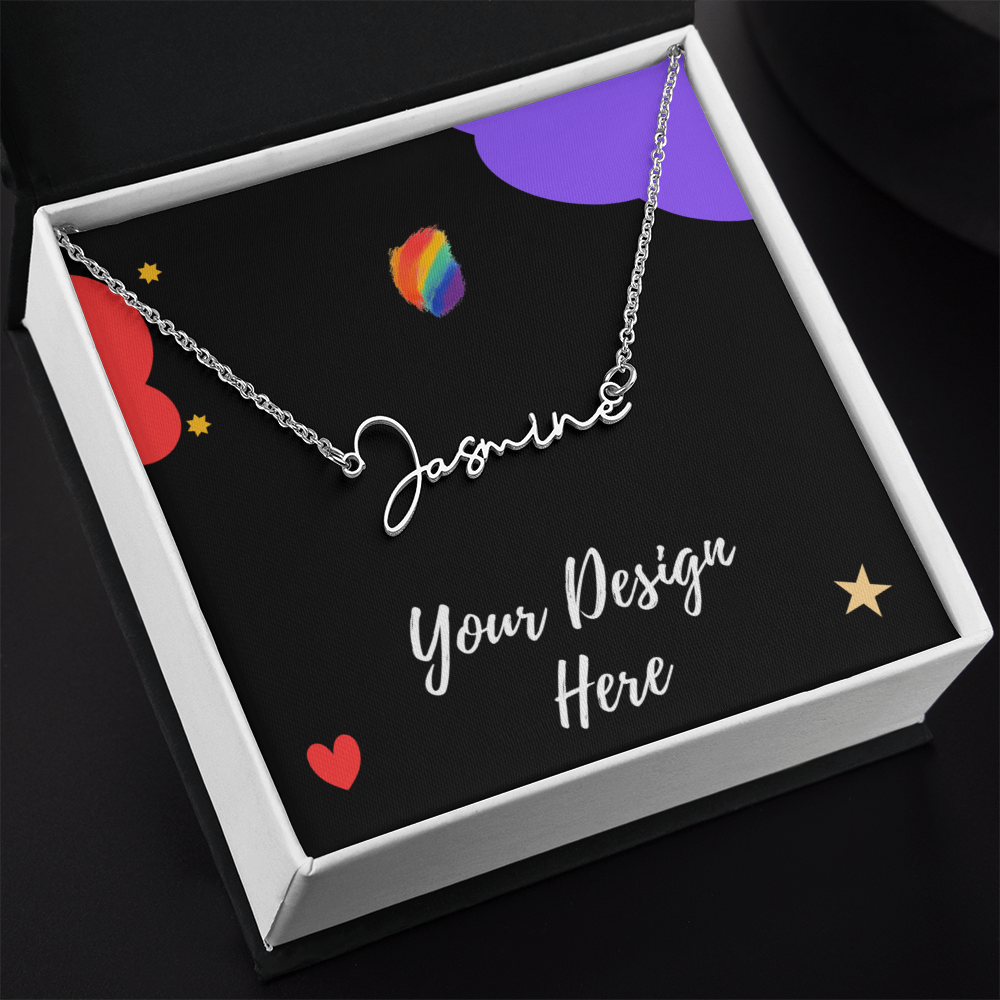 Silver name necklace with 'Jasmine' in cursive on black card with colorful stars and hearts in gift box