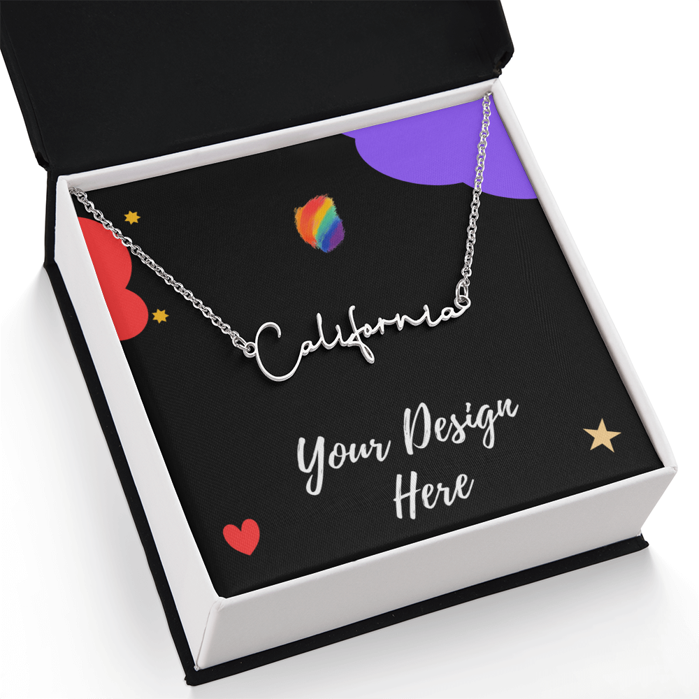 Silver necklace with California script pendant in black gift box with colorful hearts and stars