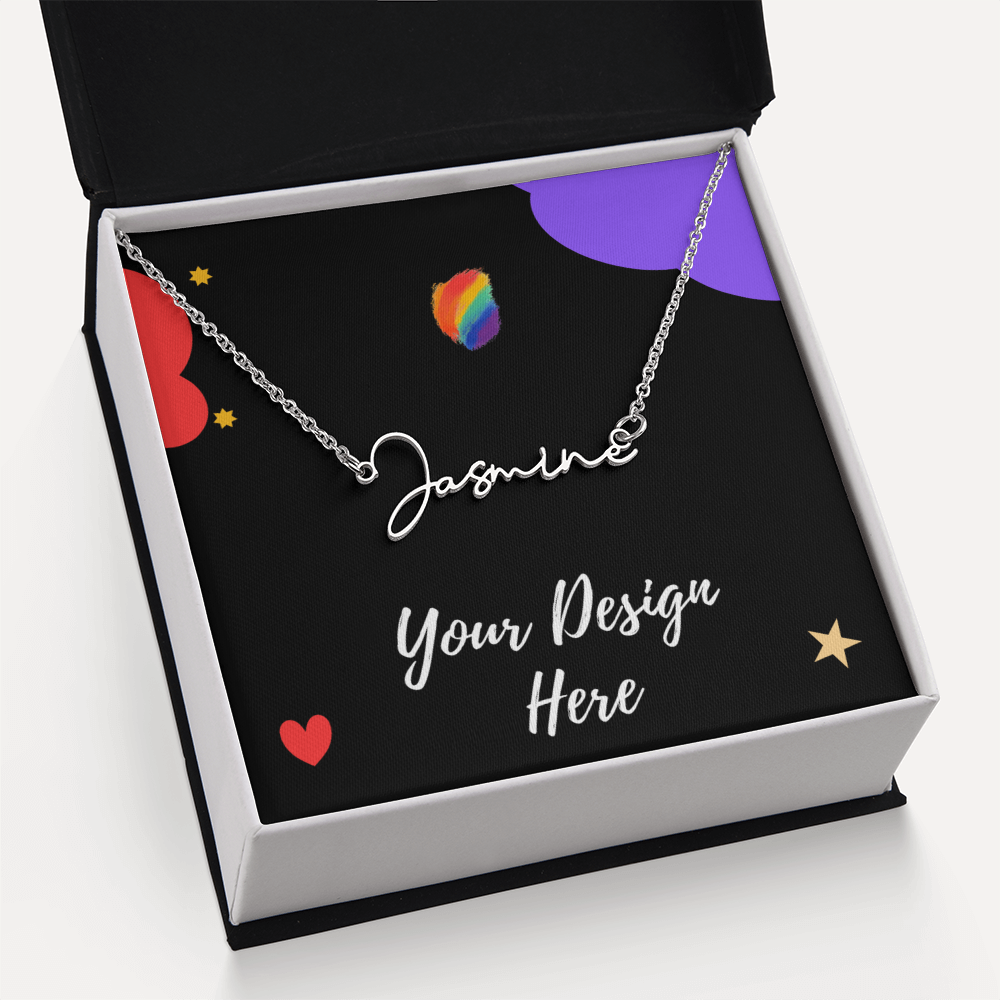 Silver name necklace 'Jasmine' in black gift box with colorful heart and star design
