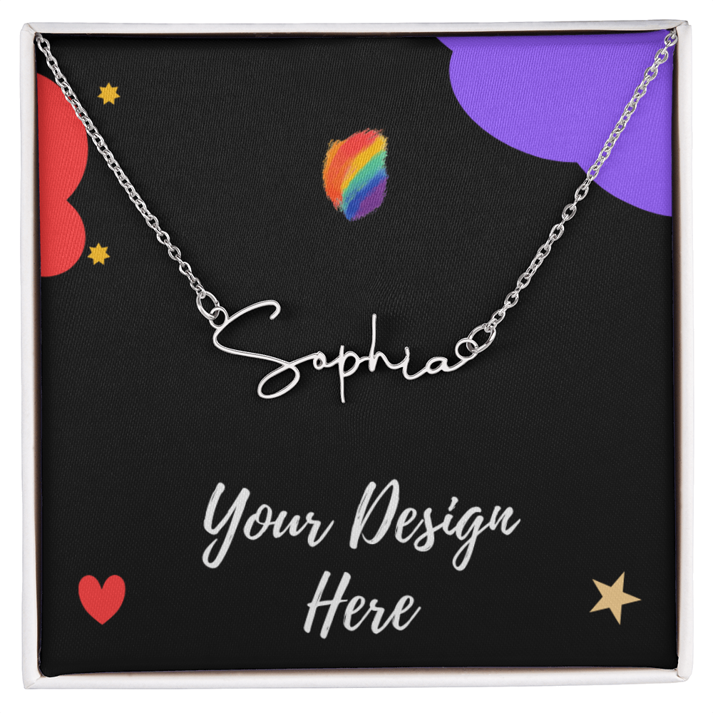 Silver name necklace with 'Sophia' script on black background in gift box with rainbow and heart accents