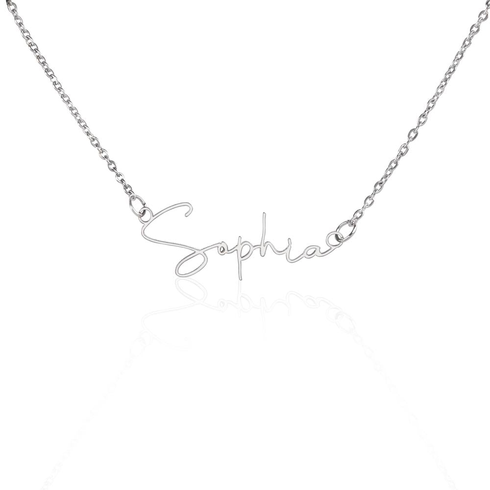 Silver necklace with custom name pendant spelling 'Sophia' in elegant script